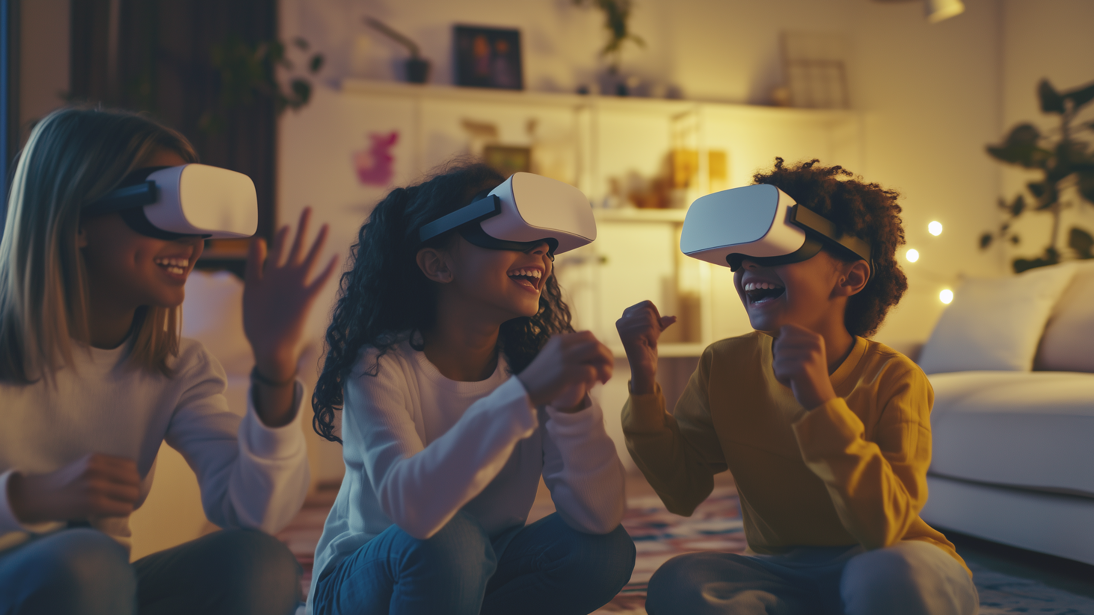 a group of kids wearing virtual reality goggles