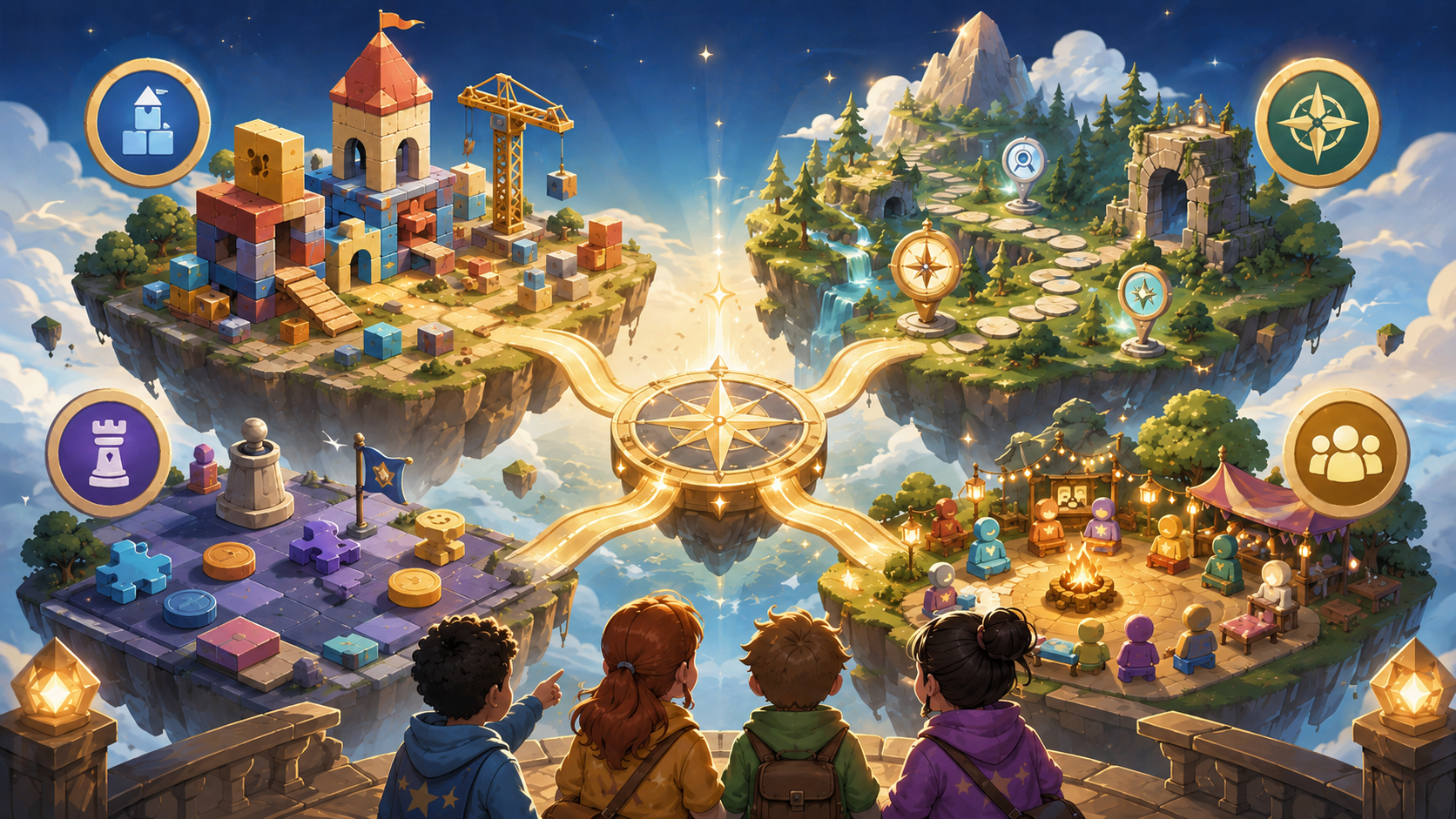 A magical game style selection board with paths for building, exploring, strategy, and social play.