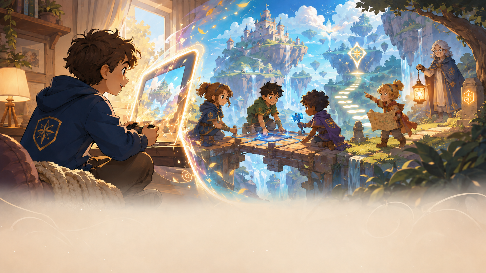 A child joins a guided video game club as their screen opens into a bright magical game world where kids work together on a shared mission.