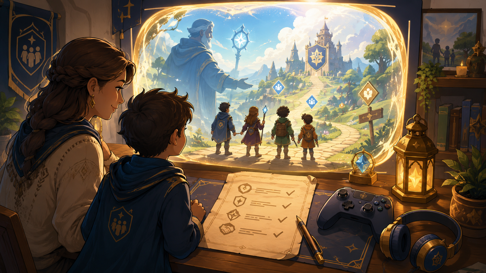 A warm parent guide scene showing a controller, glowing game portal, and guided club tokens for small-group play.
