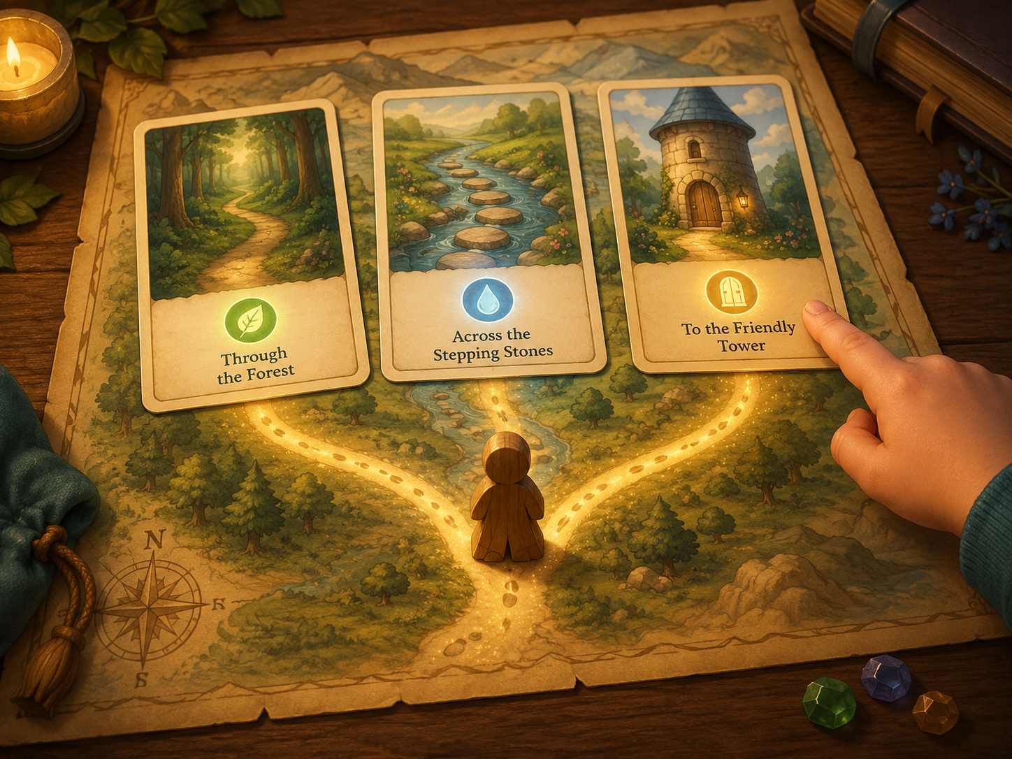 An illustrated adventure path shaped by player choices.