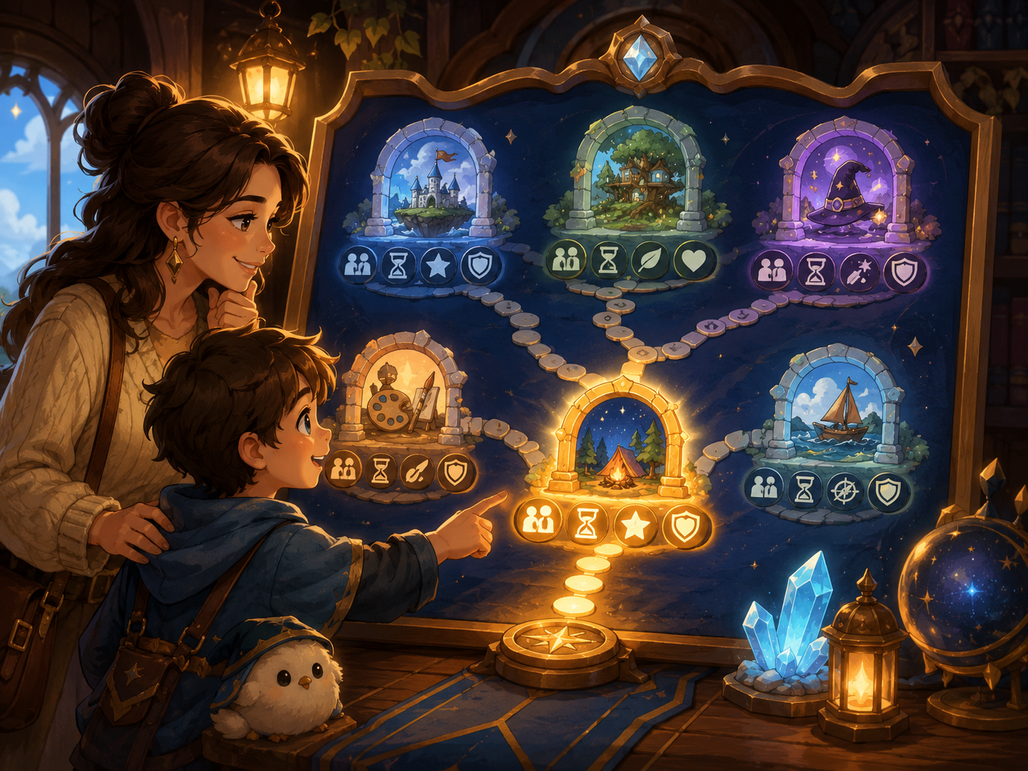 A parent and child choose a glowing path on a magical video game club fit map.
