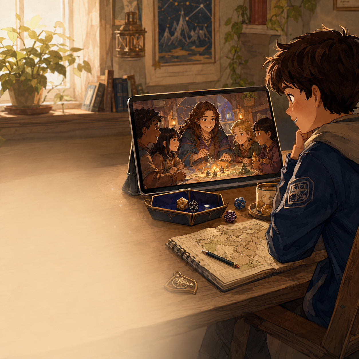 A child joining a guided online adventure club with dice, a notebook, a female Guild Master, and a small group of kids on screen.