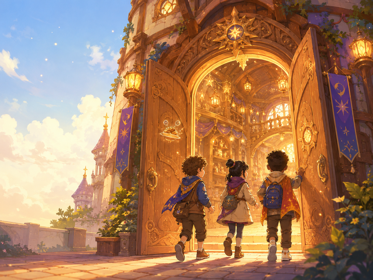 Young adventurers arriving at the warm open doors of the Tower of Worlds.
