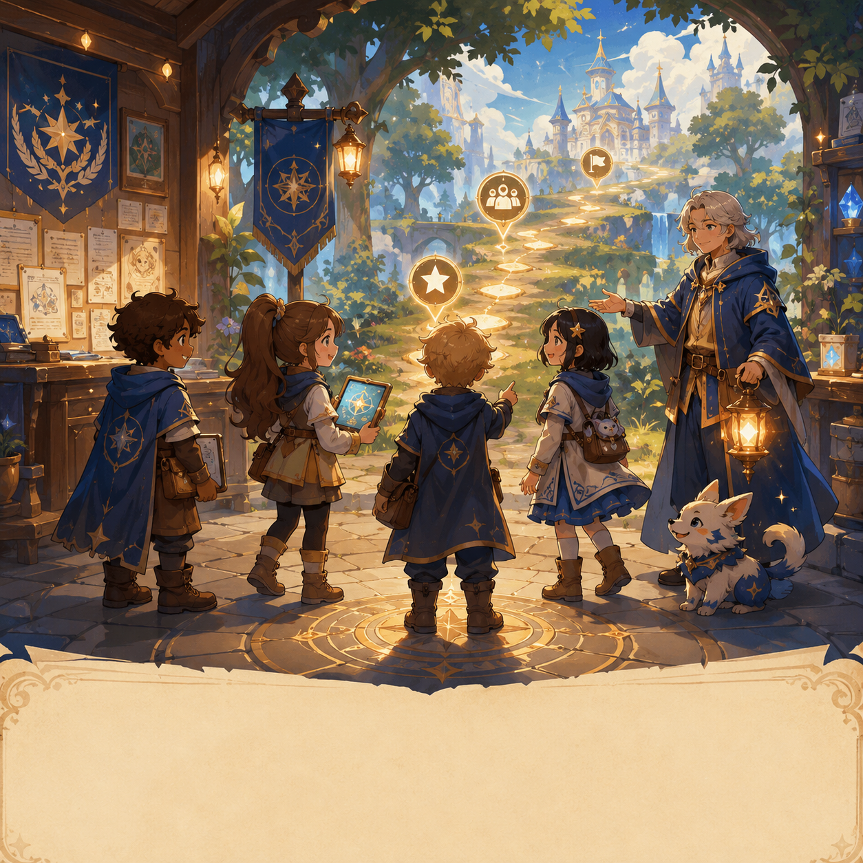 A welcoming Guild Master guides a small group of kid avatars through a bright, structured online game room.