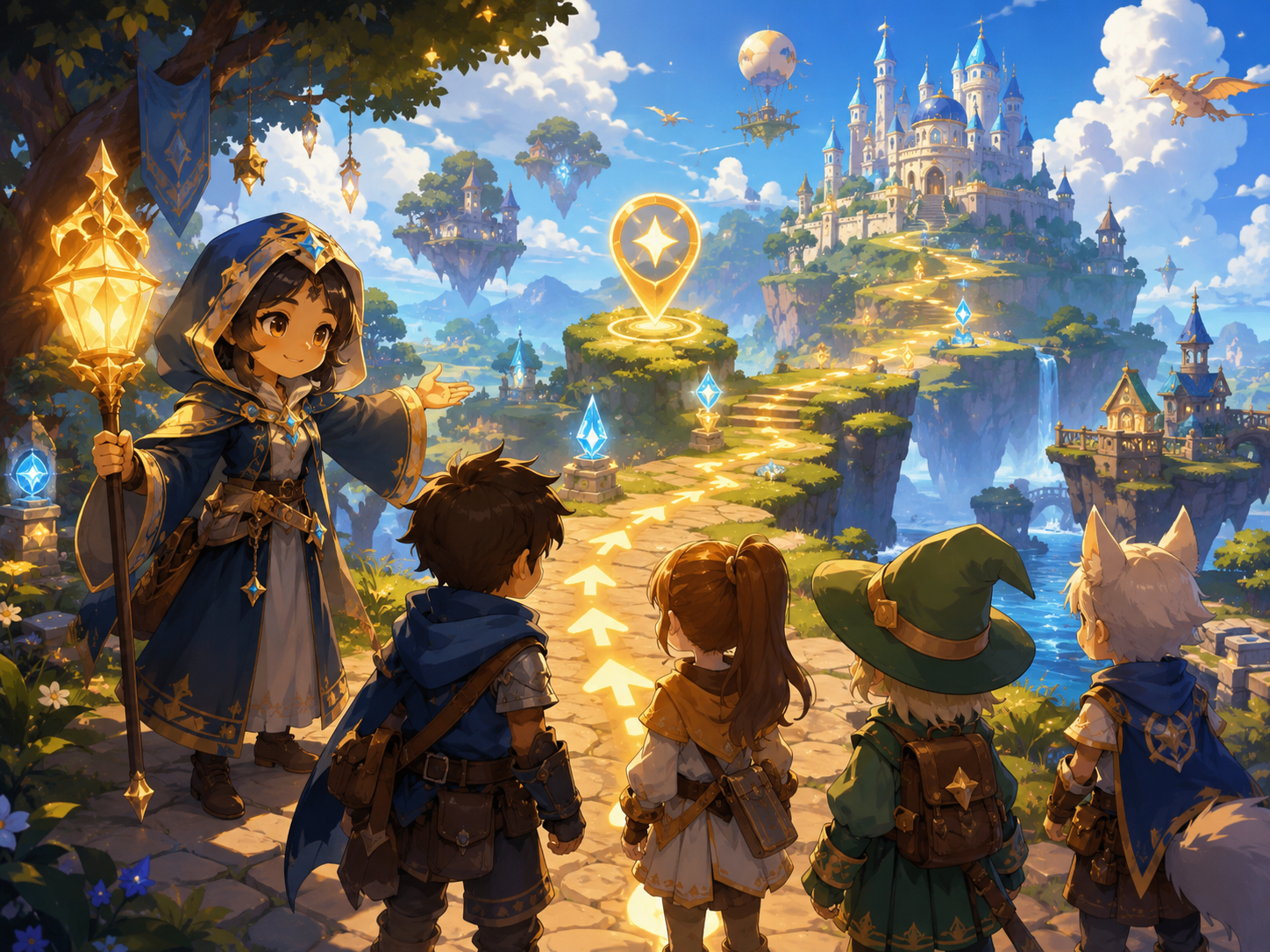 A friendly Guild Master guide marker helps kid avatars follow a clear path in a guided game world.