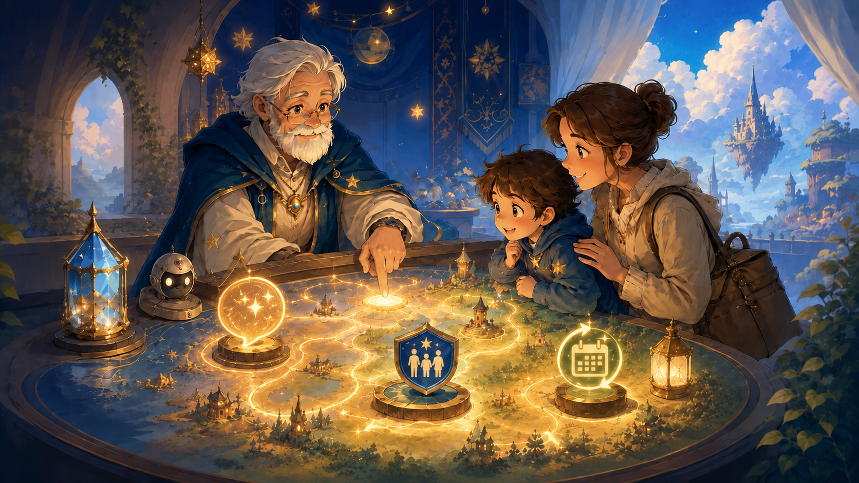 A friendly Guild Master helps a parent and child choose the right online club using a glowing magical map.