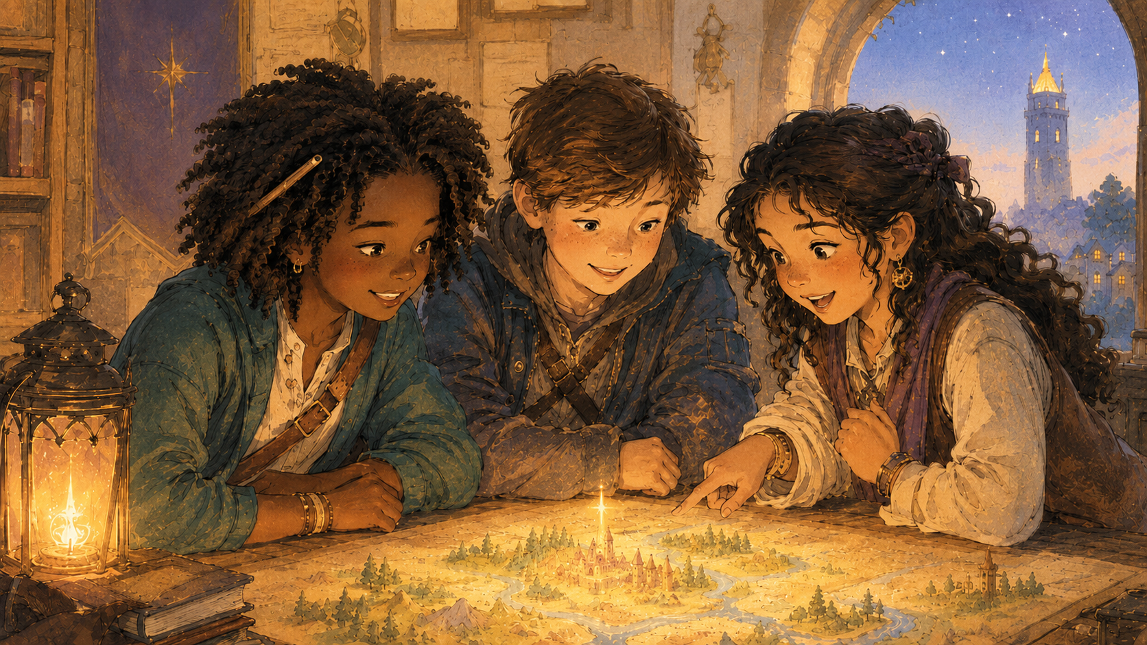 Three smiling kids gathered around a glowing fantasy map in a cozy Guild room.