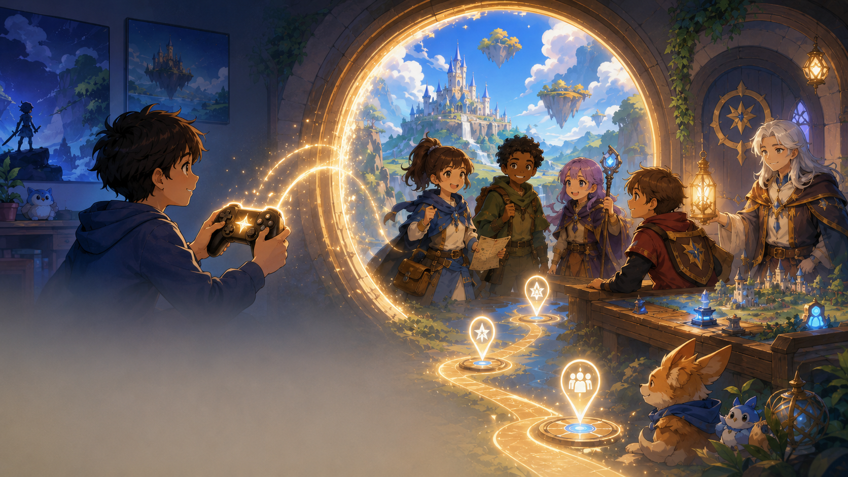 A glowing game controller opens a magical doorway into a guided video game club where kid avatars begin a shared mission together.