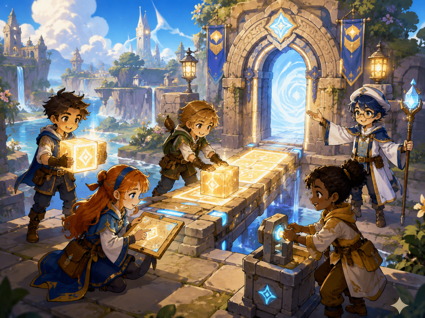 Kid avatars work together on a shared mission in a bright guided game world.