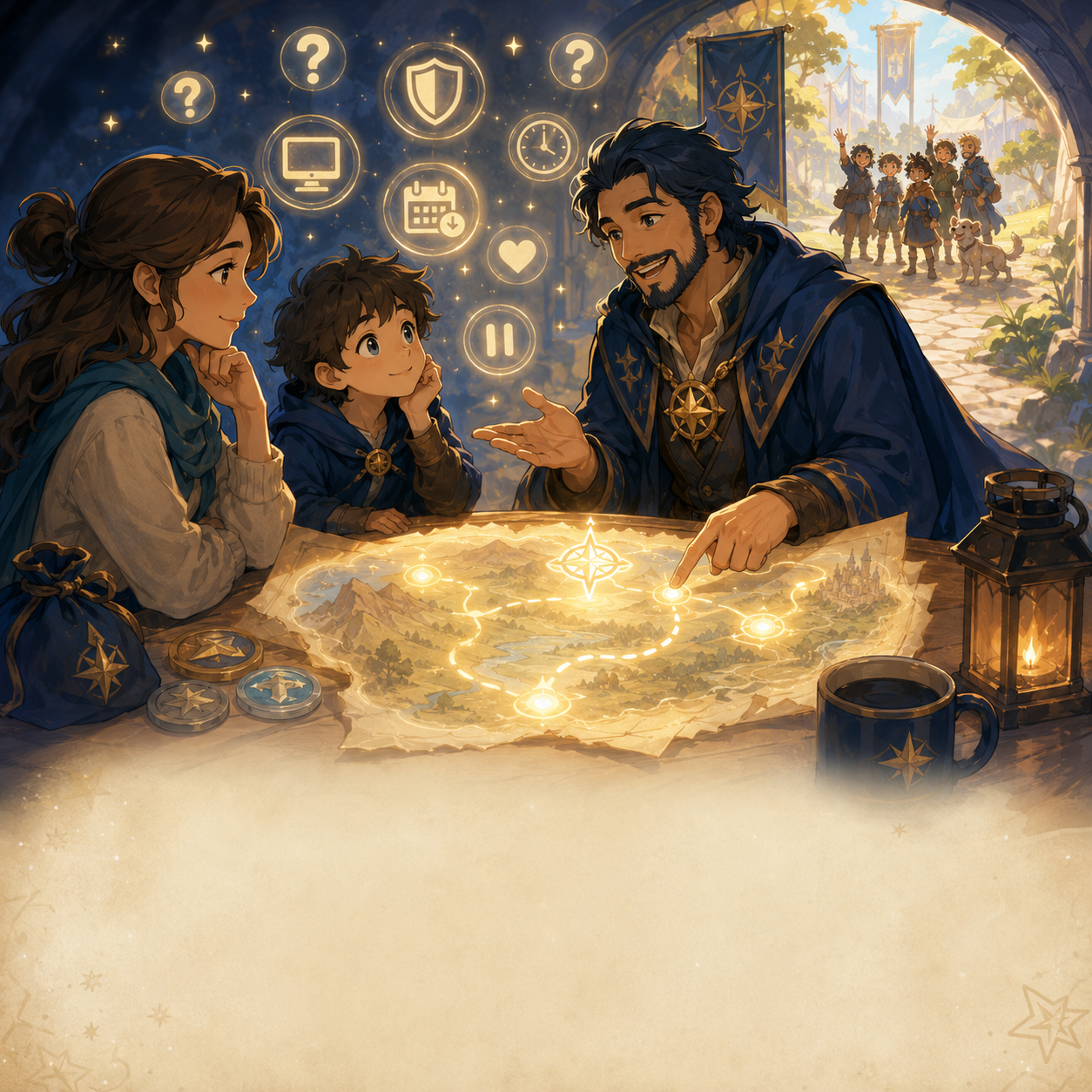 A friendly Guild Master helps a parent and child understand the next step using a glowing Adventure Finder map.