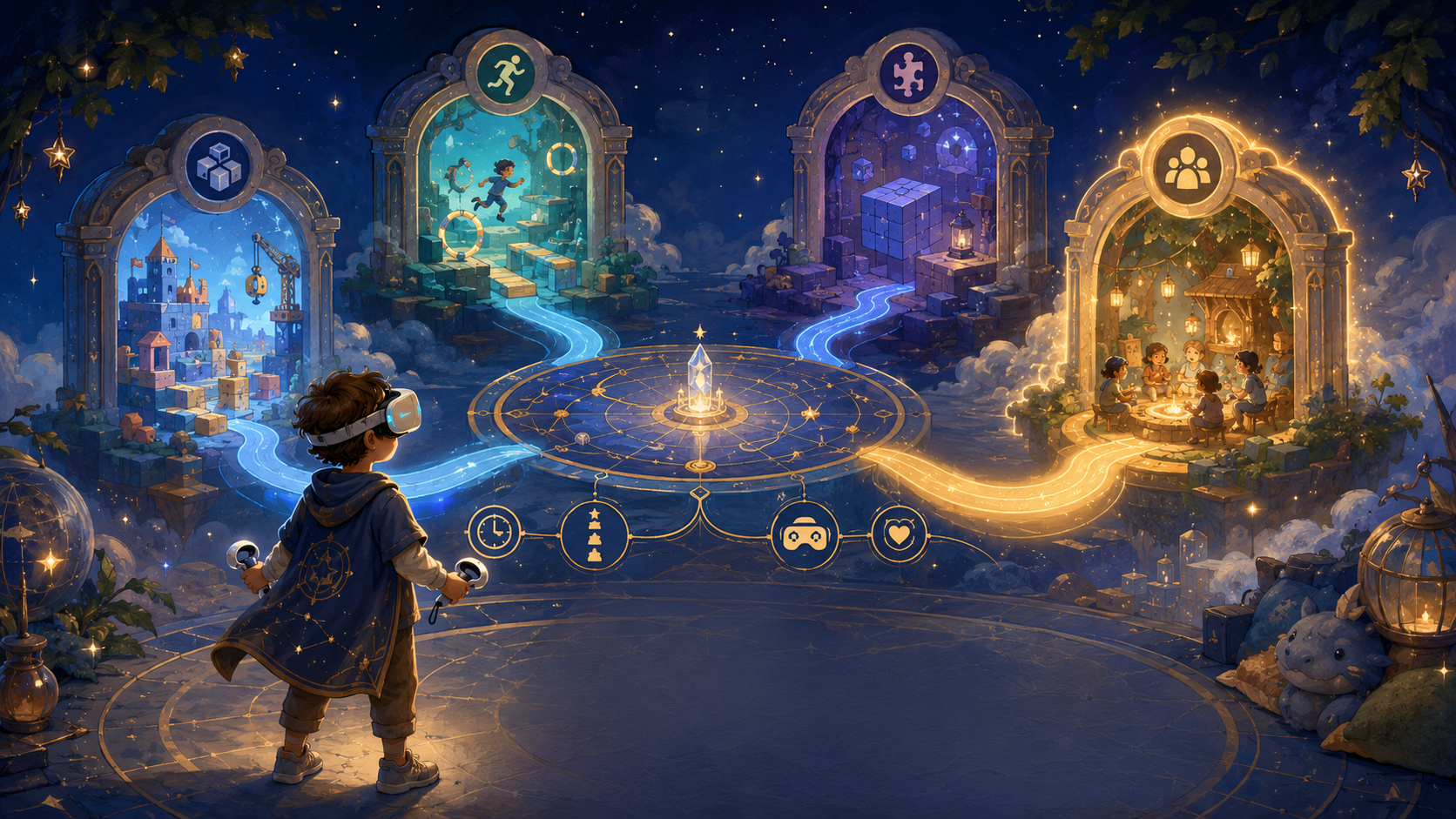 A child explores a glowing VR club selection portal with paths to different guided virtual worlds.