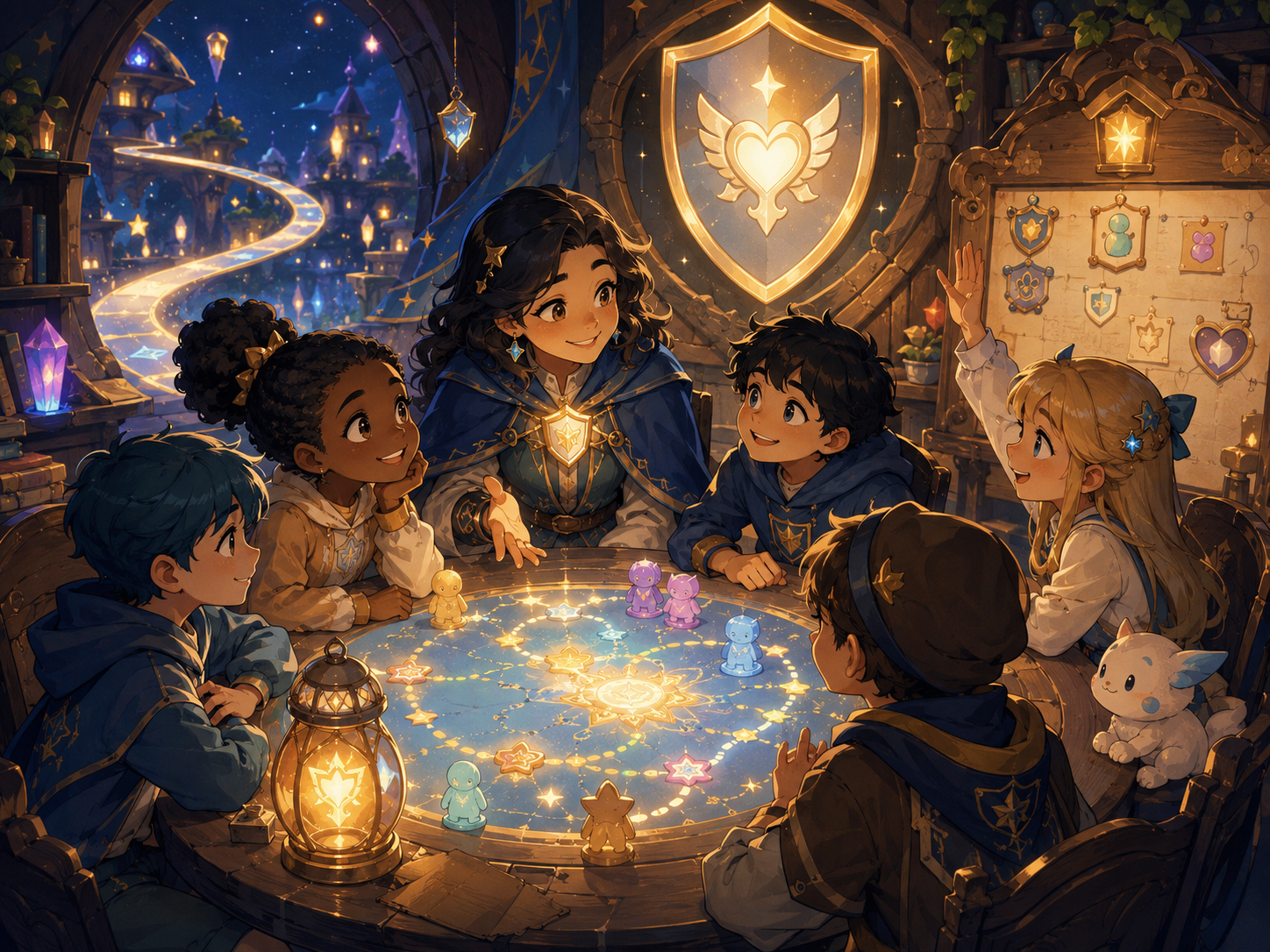 A welcoming Guild Master guides a small party of kids through kind, safe, and fair shared play.