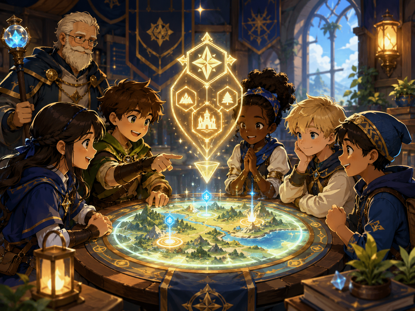 A guided group of kids gathers around a clear mission objective in a video game club.