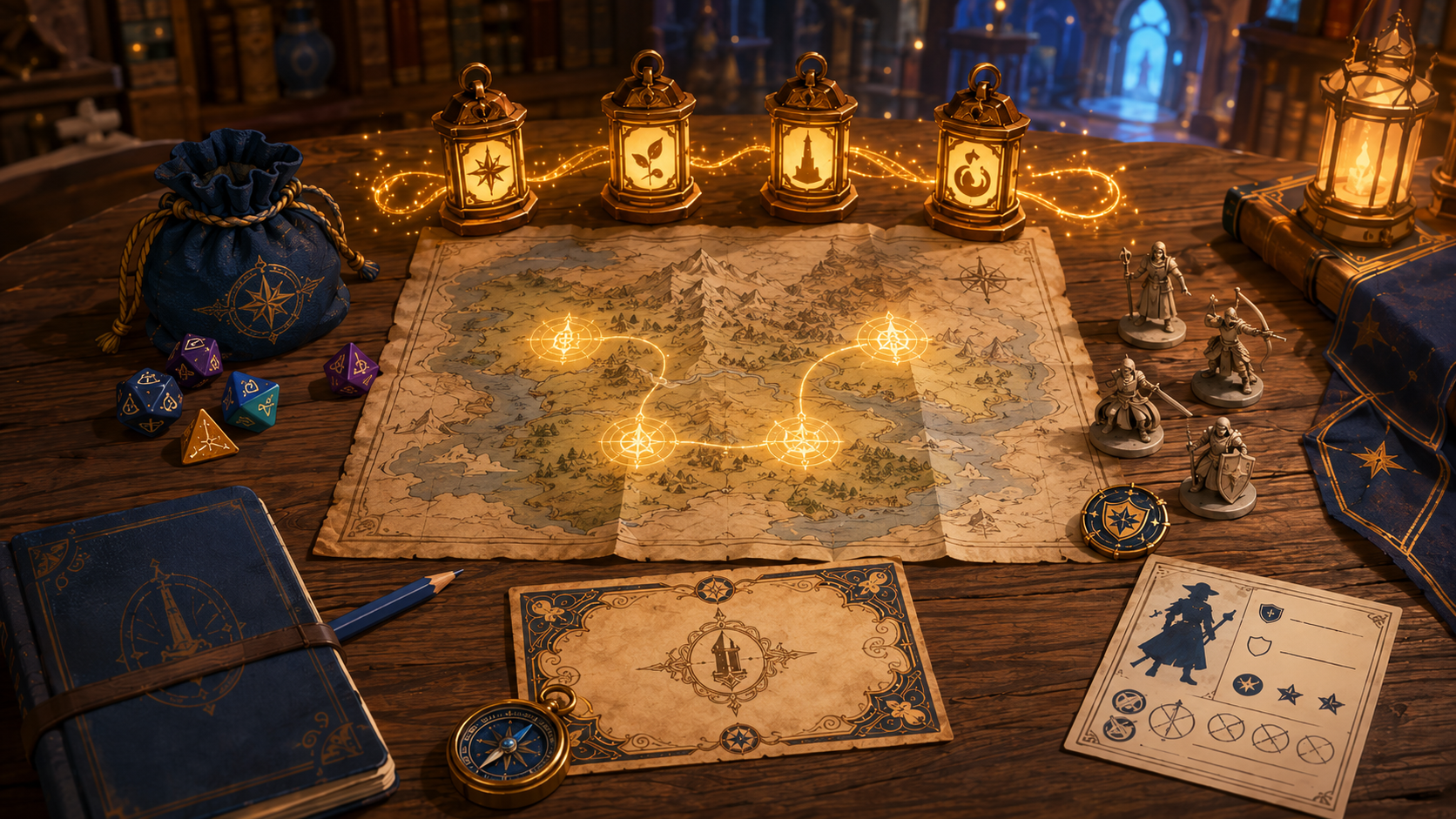 An Adventure Pass laid out on a warm wooden guild table with a glowing fantasy map, four lanterns, dice, miniatures, and magical path markers representing four weeks of guided adventure.
