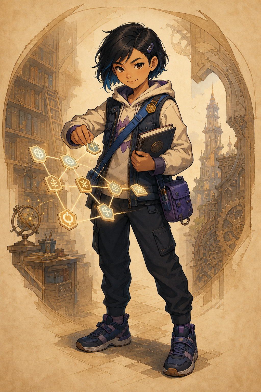 Emery, the Strategist, carrying their notebook and hex-rune badge