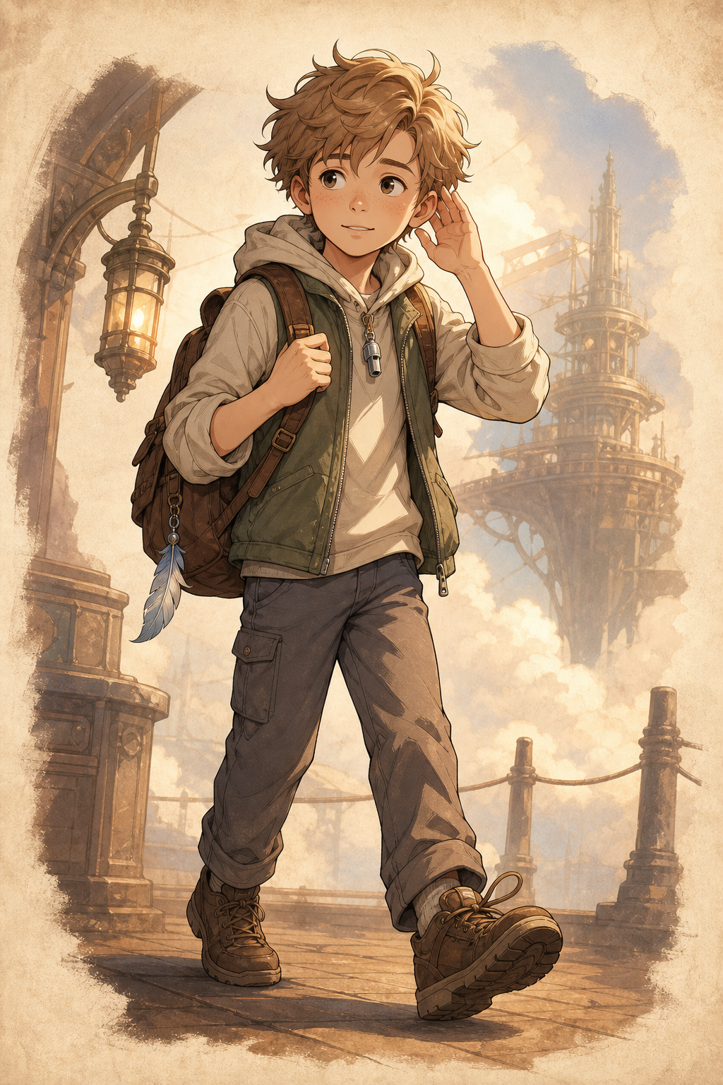 Noah, the Quiet Hero, with his whistle and pale feather charm