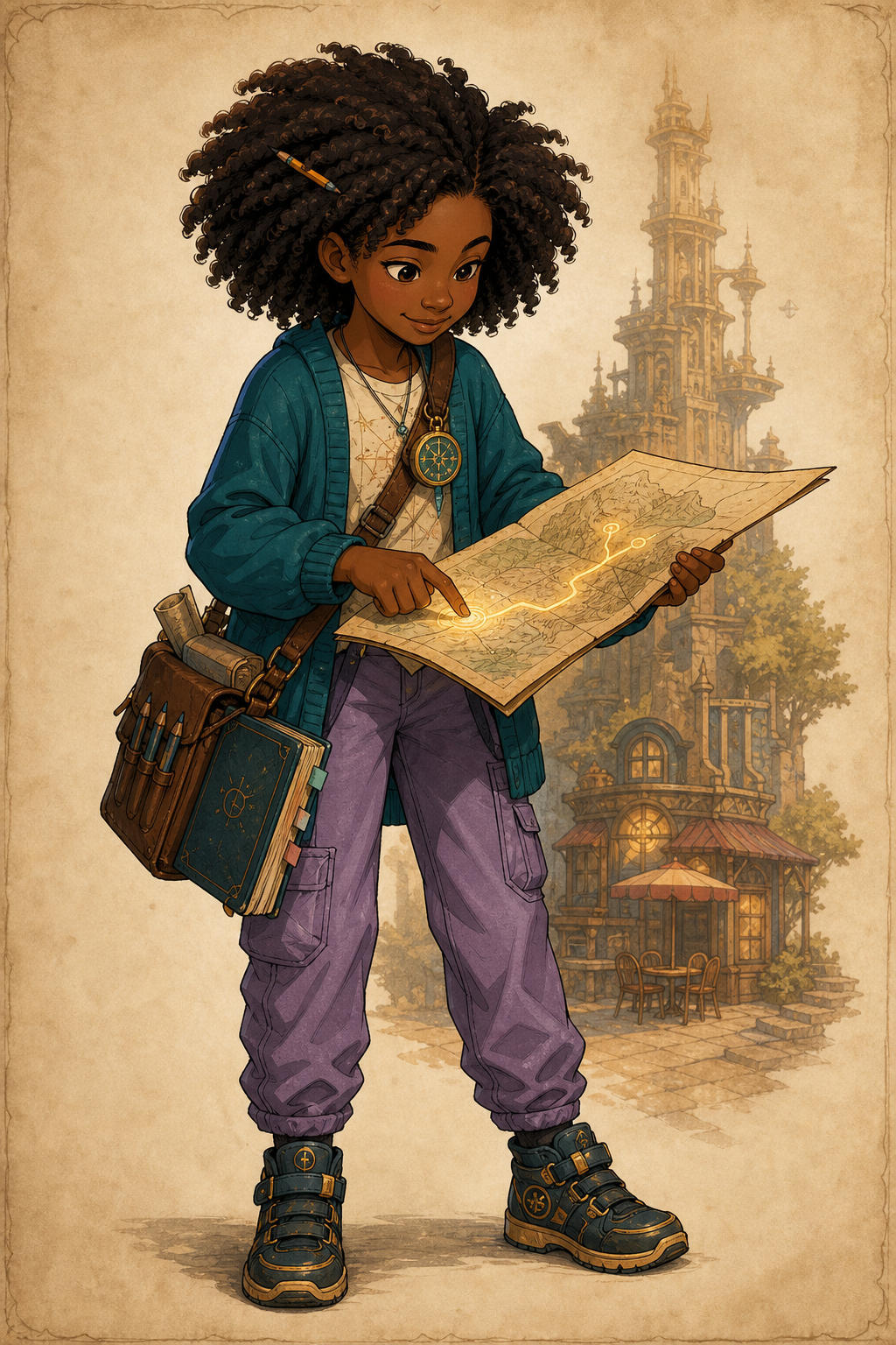 Sage, the Dreamer, holding her sketchbook and rune-dial charm