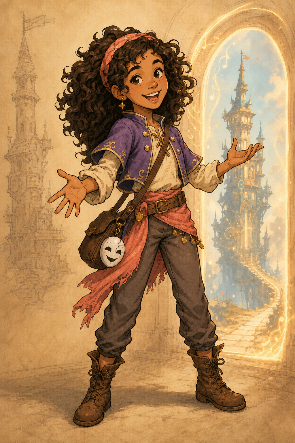 Tahlia, the Bard, wearing her coral headband and cracked-mask charm