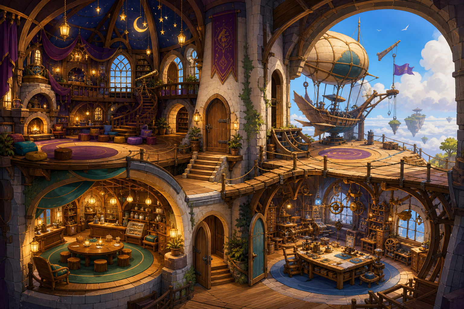 Illustrated cutaway of welcoming locations inside the Tower of Worlds