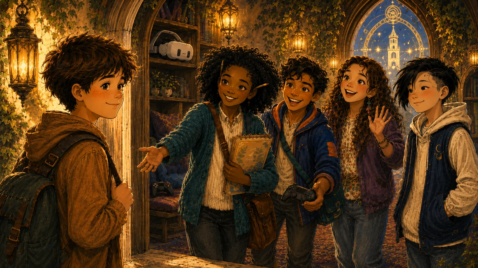 Five creative kids welcoming a new child into a story-filled club in the Tower of Worlds