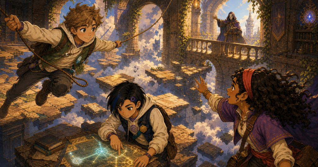 Teen adventurers explore a floating sky temple with a mysterious guide.