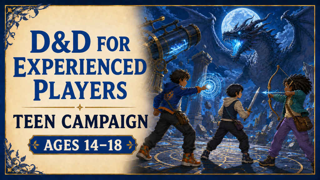 Dungeons and Dragons for Experienced Players Teen Campaign for ages 14 to 18, with a party confronting a dragon at a magical observatory.