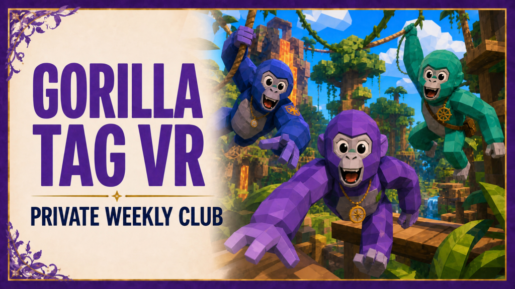 Gorilla Tag VR private weekly club with three colorful hairless in-world gorilla avatars leaping through a virtual jungle.