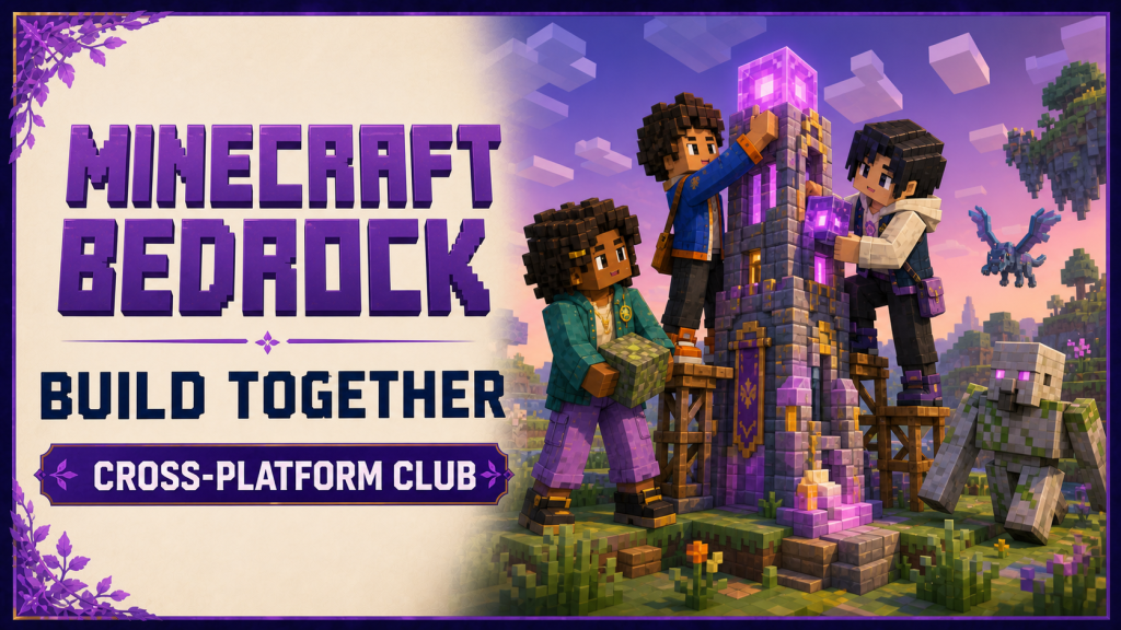 Minecraft Bedrock cross-platform club with three fully block-style young builders creating a glowing fantasy tower.