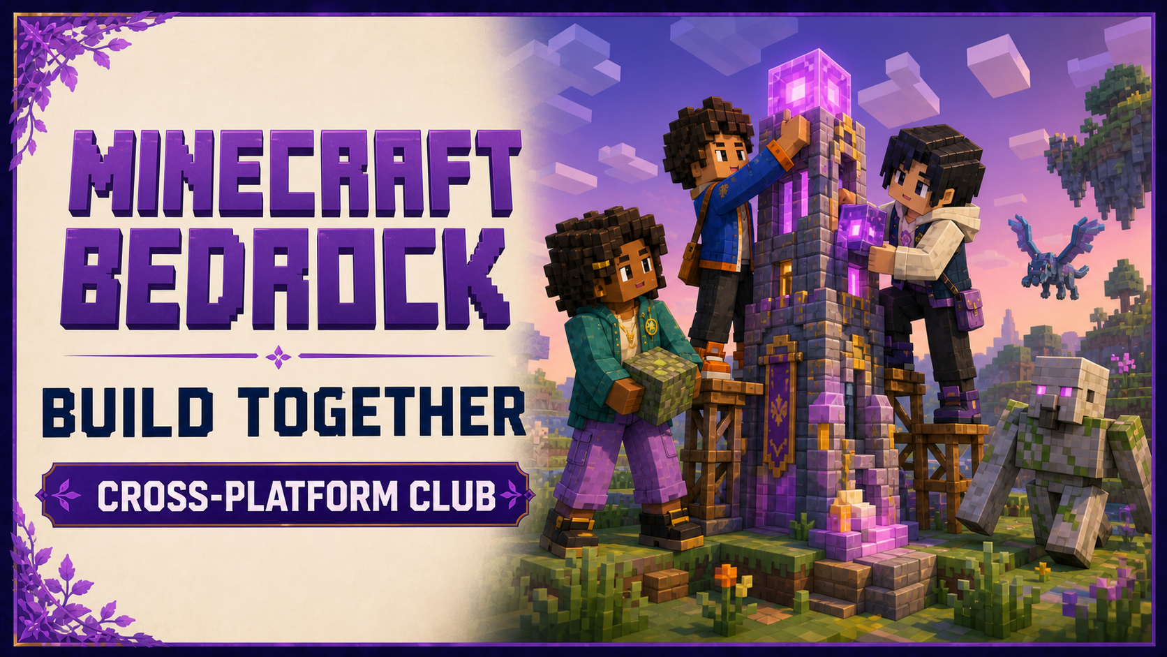 Minecraft Bedrock club members building a shared fantasy tower