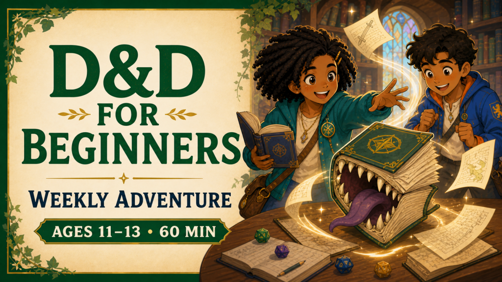 Dungeons and Dragons for Beginners Weekly Adventure for ages 11 to 13, 60 minutes, with young adventurers discovering an enchanted book mimic.