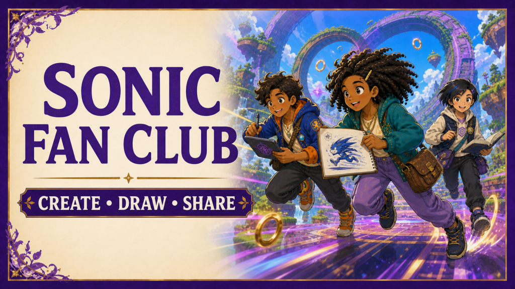 Sonic Fan Club learners running through a colorful fantasy game world while drawing and sharing character ideas.