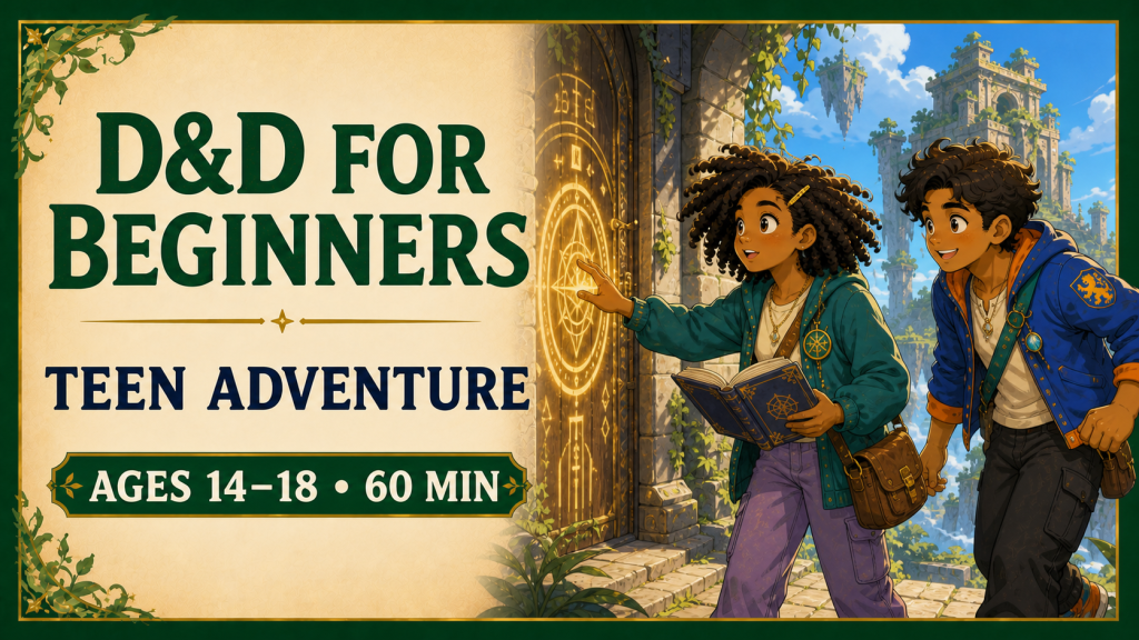 Dungeons and Dragons for Beginners Teen Adventure for ages 14 to 18, 60 minutes, with adventurers unlocking a floating temple.