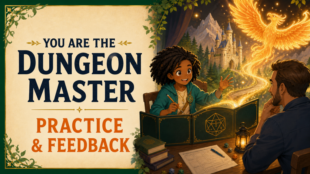 You Are the Dungeon Master practice and feedback lesson, with a learner guiding a glowing phoenix adventure.
