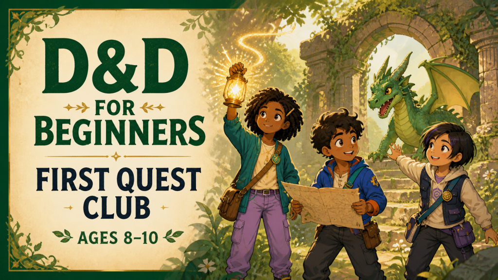 Dungeons and Dragons for Beginners First Quest Club for ages 8 to 10, with young adventurers meeting a friendly green dragon.