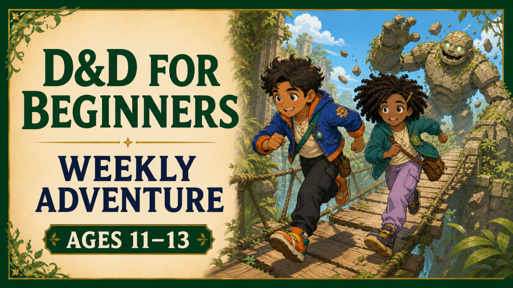 Dungeons and Dragons for Beginners Weekly Adventure for ages 11 to 13, with young adventurers escaping a playful stone golem.
