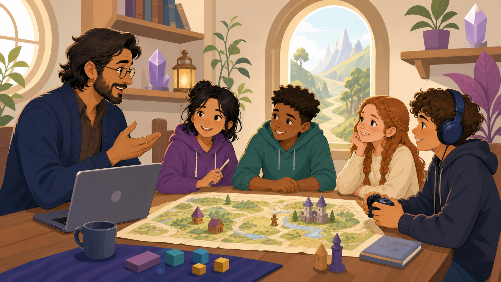 A Guild Master guiding four children through a shared imaginative adventure