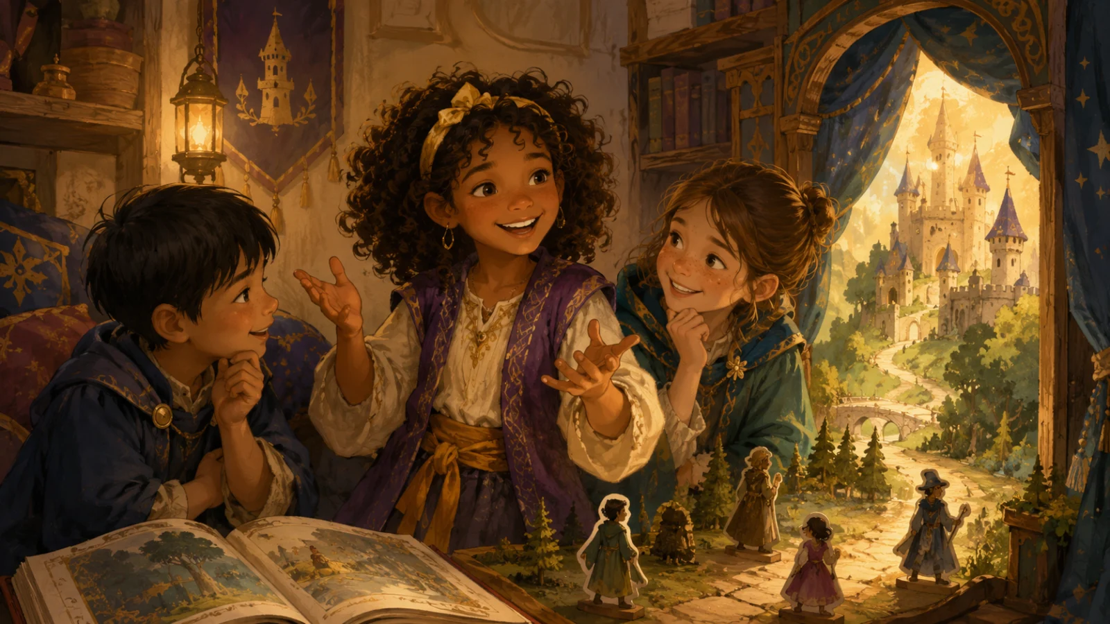 Three kids smiling as a fantasy story comes alive in a cozy Guild room.