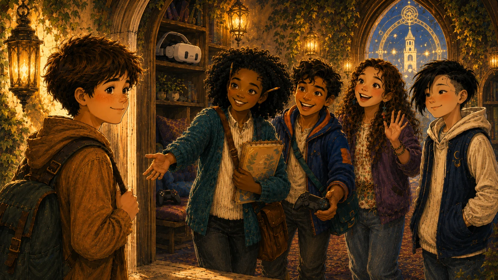 A child being welcomed into a cozy Guild room by four smiling kids.