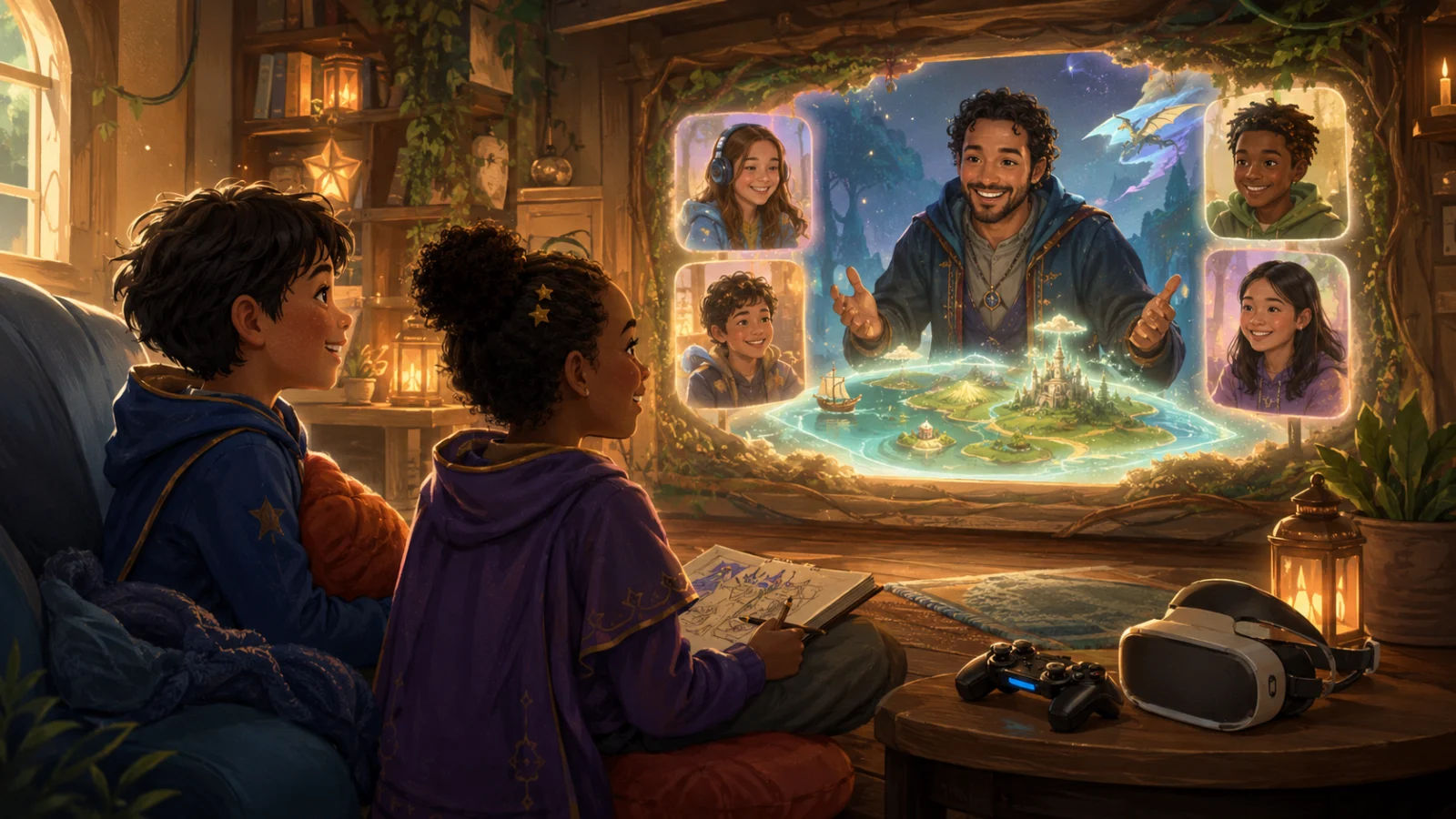 A Guild Master guides a small online group of kids during imaginative play.