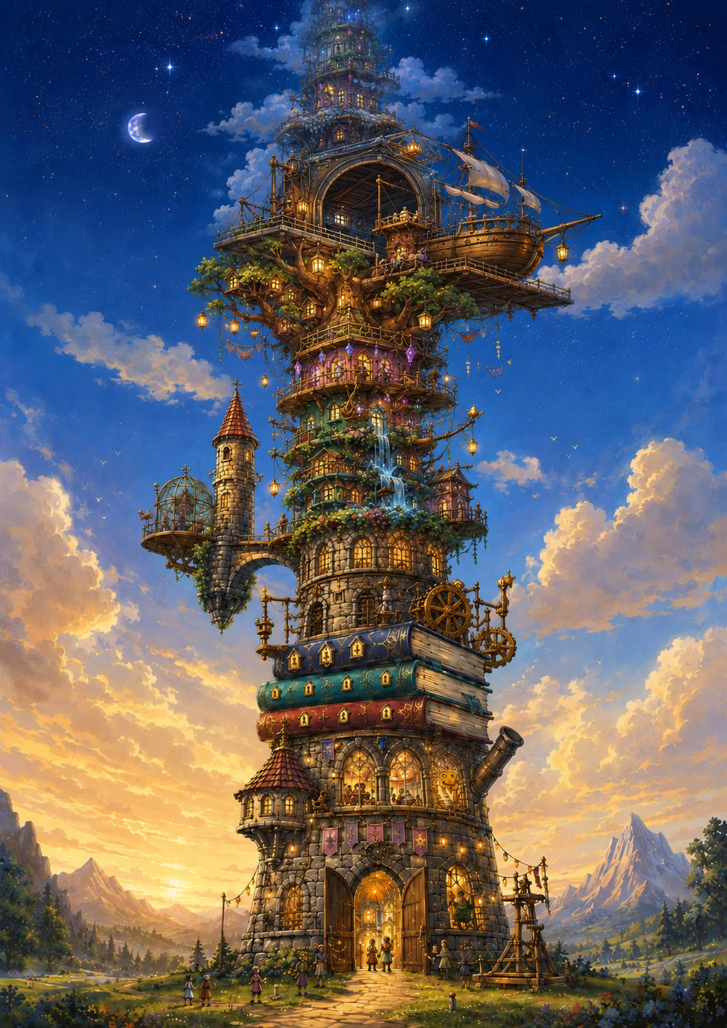 The magical Tower of Worlds rising into the sky with glowing windows, gardens, books, workshops, a skyship, and open doors.