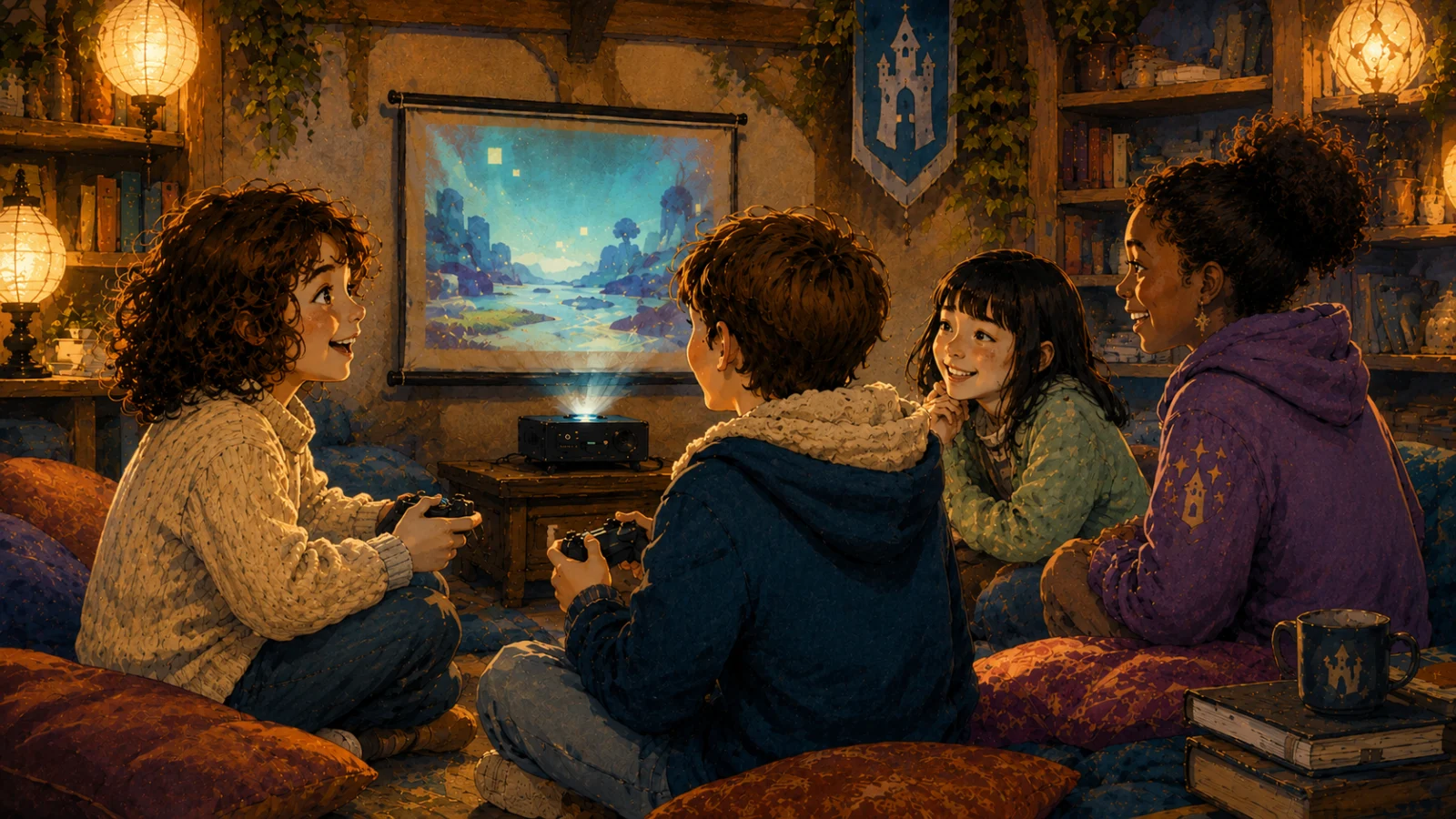 Four kids playing a shared video game together in a cozy Guild room.