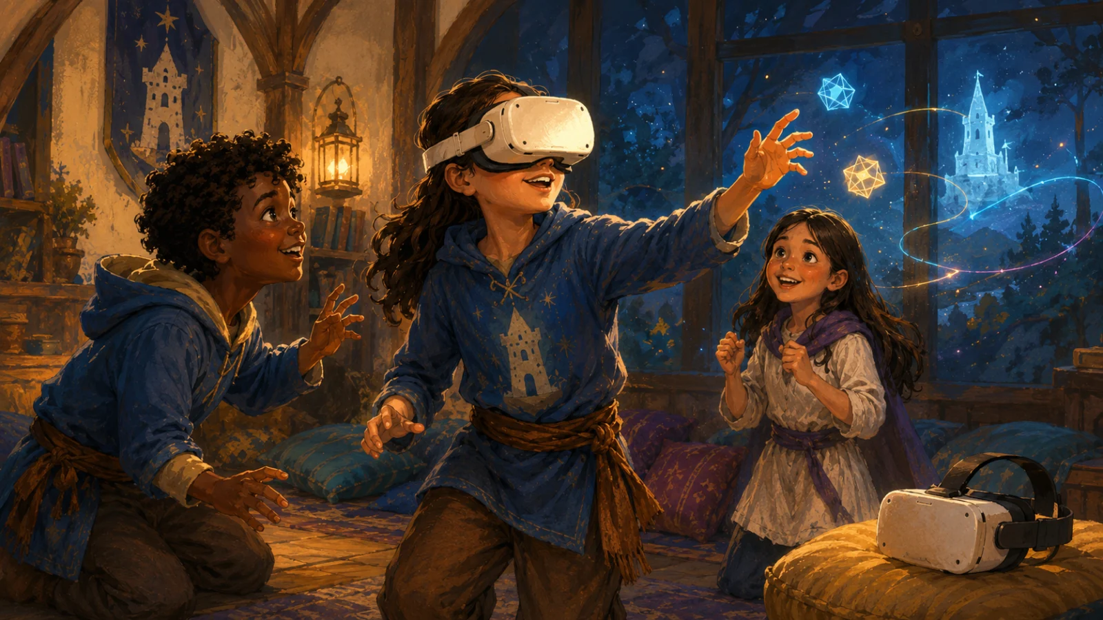 Three kids sharing a guided VR adventure in a cozy Guild room.