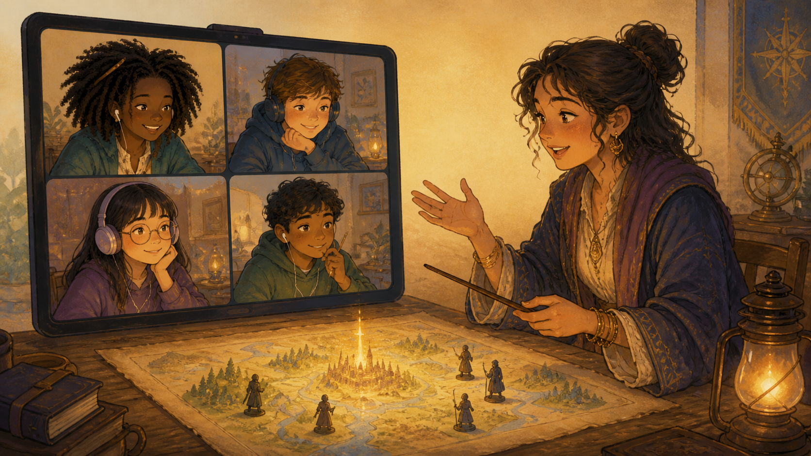 A Guild Master guiding four children through a shared online fantasy adventure