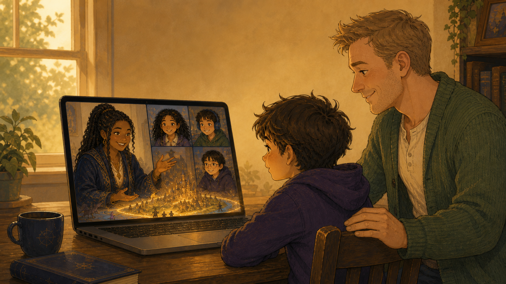 A father watching as a different Guild Master guides his child in a small online club