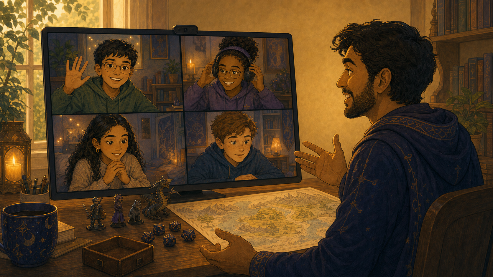 A Guild Master welcoming four children into a structured online club session