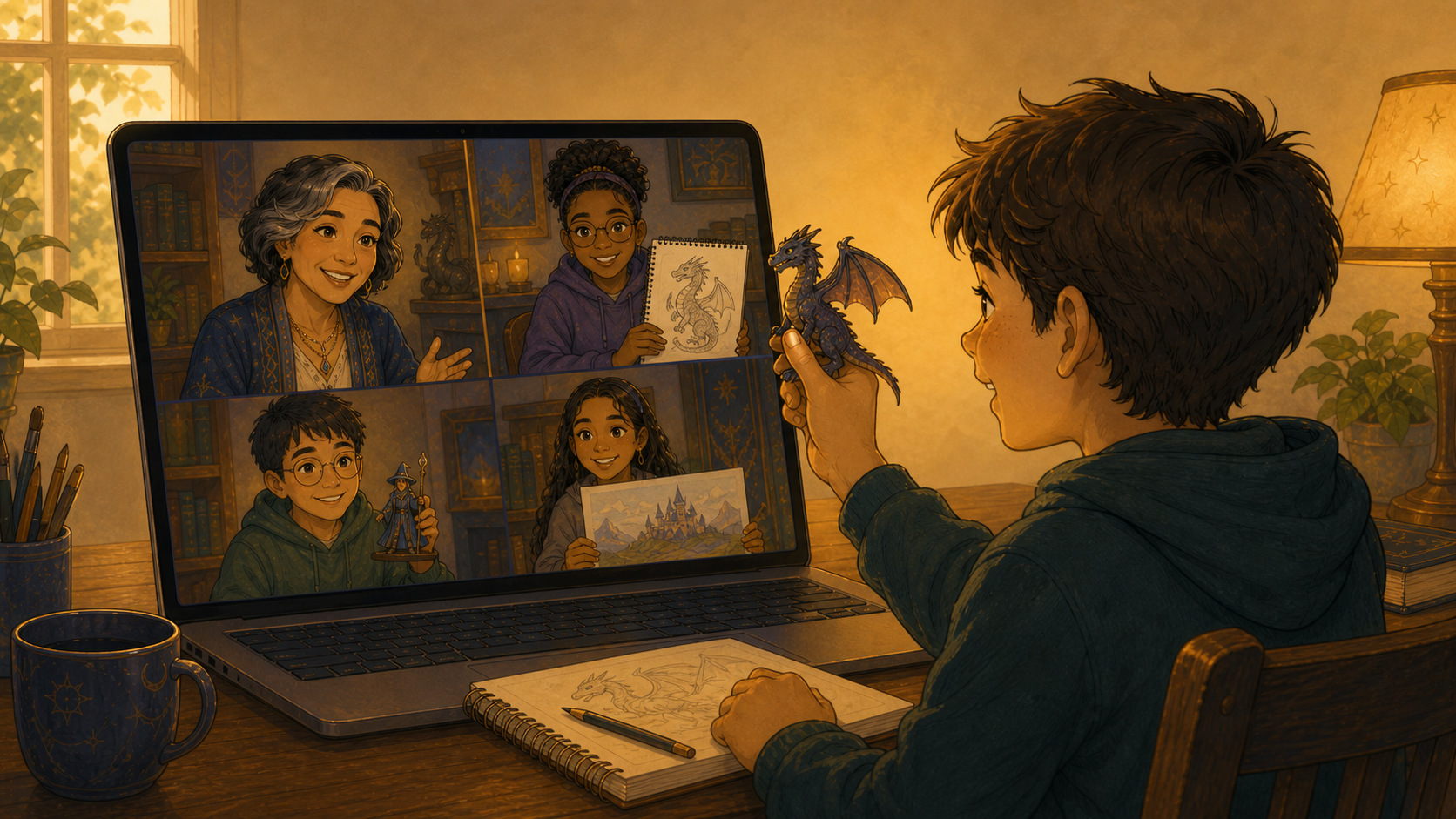 A child sharing a dragon figure with a thoughtfully matched online group