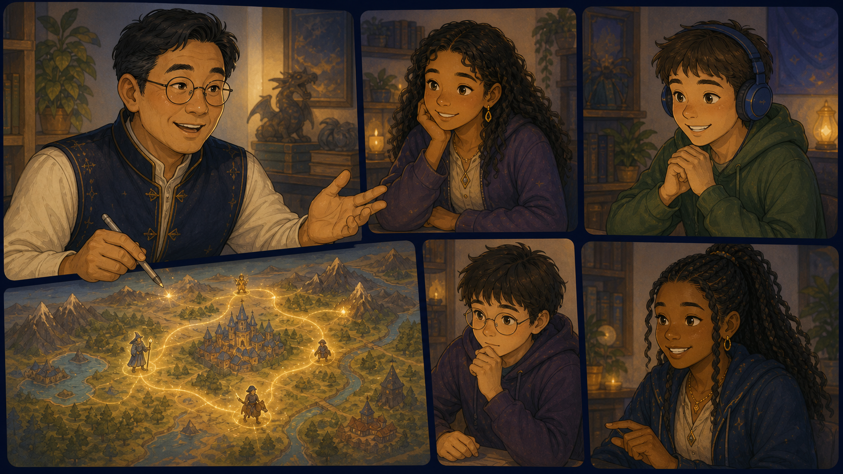 A Guild Master thoughtfully inviting a child into a small online group activity