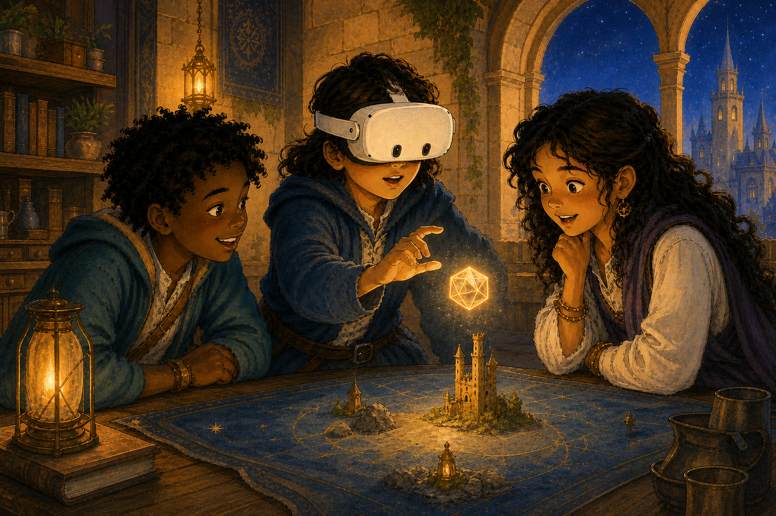 Three kids explore a guided VR activity together in a warm Guild room.