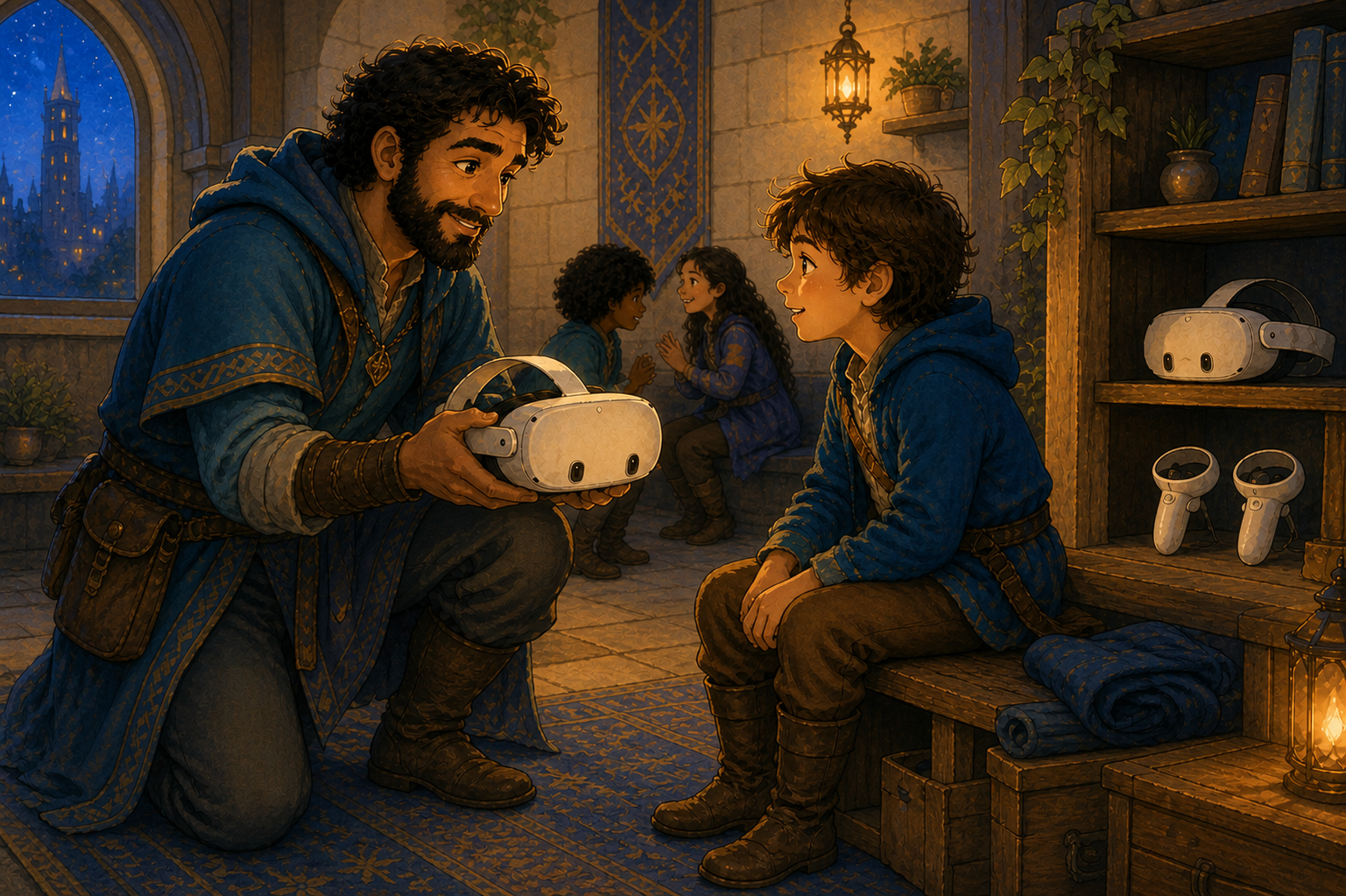 A Guild Master helps a child prepare a VR headset while their small group waits nearby.